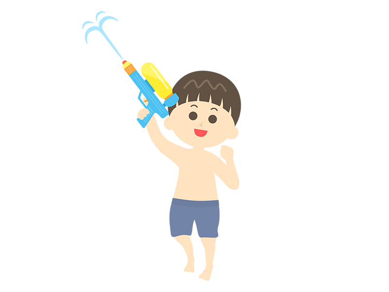 水鉄砲で遊ぶ、水着姿の男の子の透過PNGイラスト
