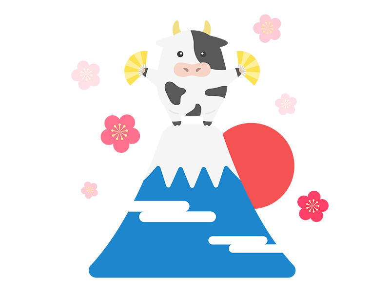 富士山の頂上にいる、ホルスタインの、牛のキャラクターの透過PNGイラスト