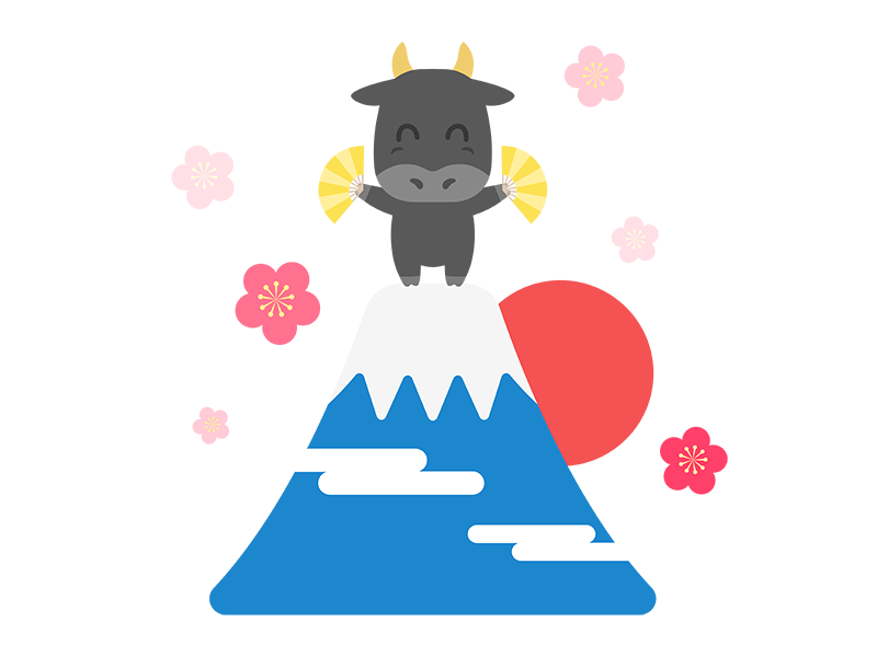 富士山の頂上にいる、茶色の牛のキャラクターの透過PNGイラスト