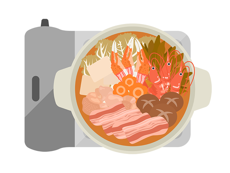 カセットコンロで調理する、チゲ鍋の透過PNGイラスト