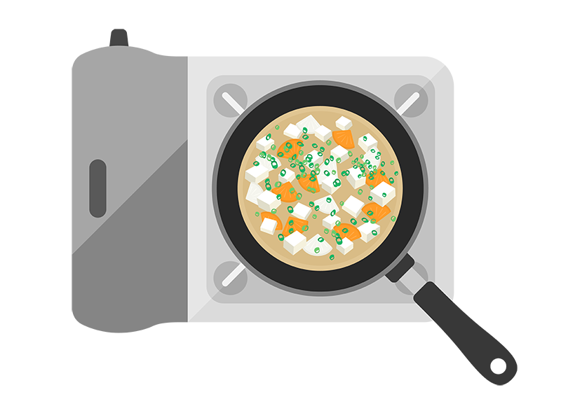 カセットコンロで調理する、豆腐と人参の味噌汁の透過PNGイラスト