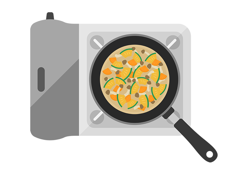 カセットコンロで調理する、カボチャの味噌汁の透過PNGイラスト
