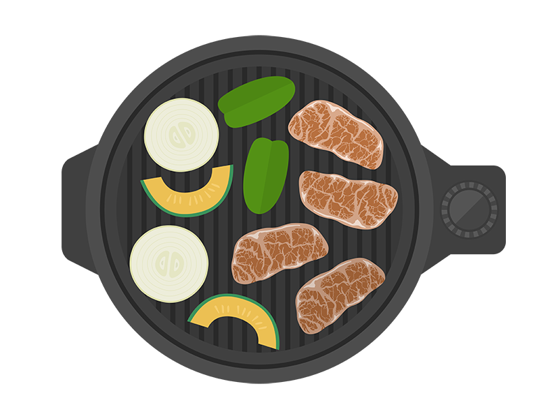 ホットプレートで調理する、焼き肉の透過PNGイラスト
