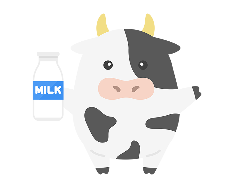 ミルク瓶を持った、ホルスタインの、牛のキャラクターの透過PNGイラスト