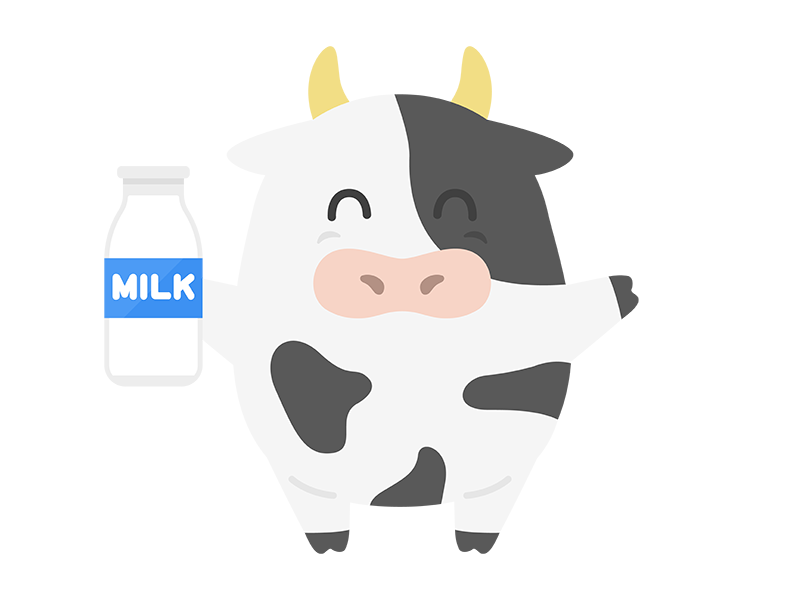 ミルク瓶を持った、ホルスタインの、牛のキャラクターの透過PNGイラスト