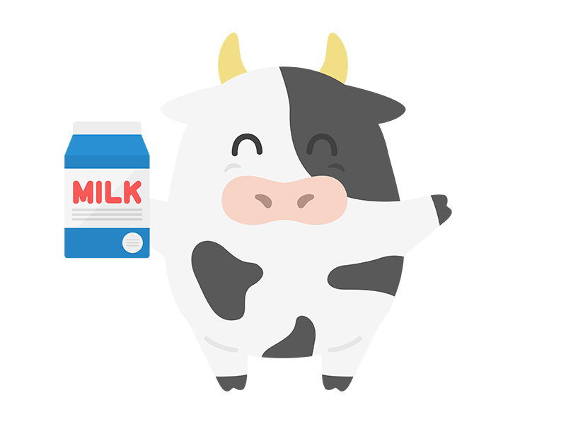 パック牛乳を持った、ホルスタインの、牛のキャラクターの透過PNGイラスト