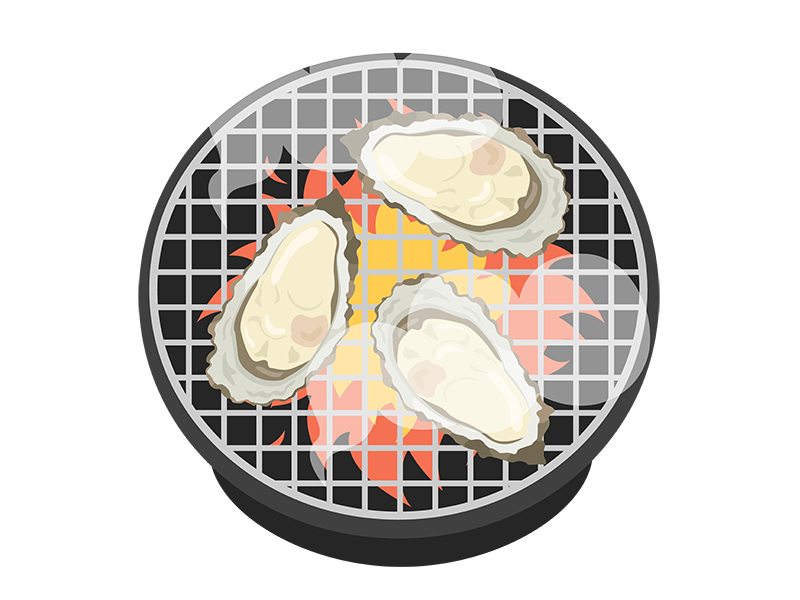 七輪で焼く、牡蠣の透過PNGイラスト