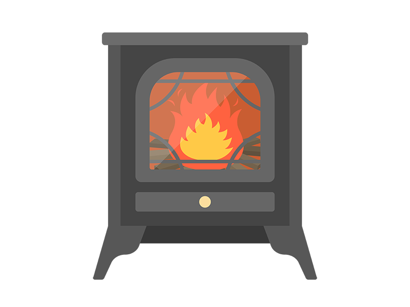 火のついた、家庭用の黒色の暖炉の透過PNGイラスト