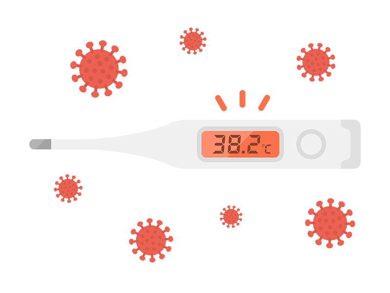 ウイルスに感染して、高熱が表示された、体温計の透過PNGイラスト