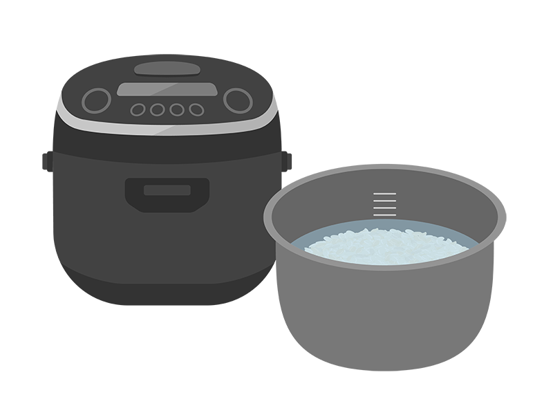 黒色の炊飯器と、米を水につけた炊飯釜の透過PNGイラスト