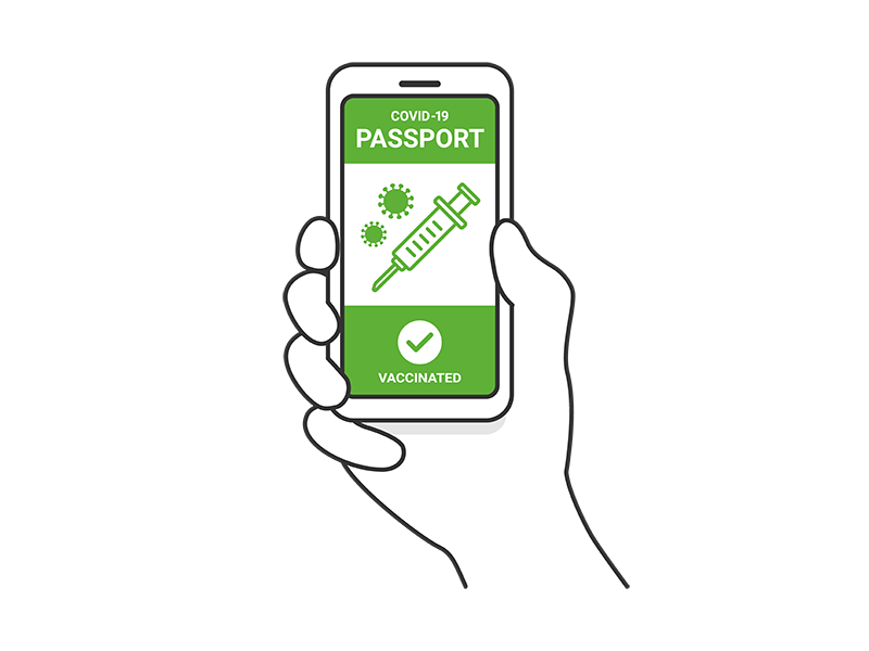 ワクチンパスポートが表示された、スマートフォンを持つ人の透過PNGイラスト