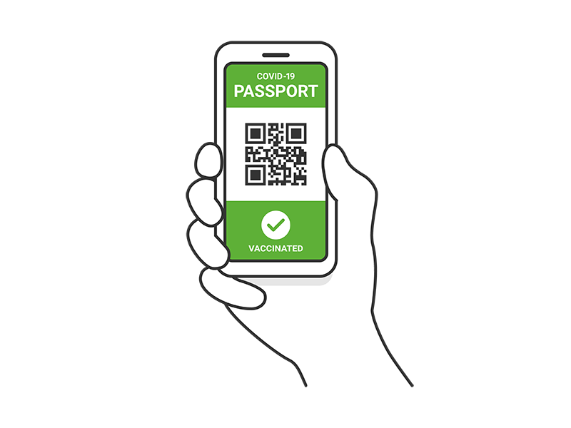 ワクチンパスポートが表示された、スマートフォンを持つ人の透過PNGイラスト