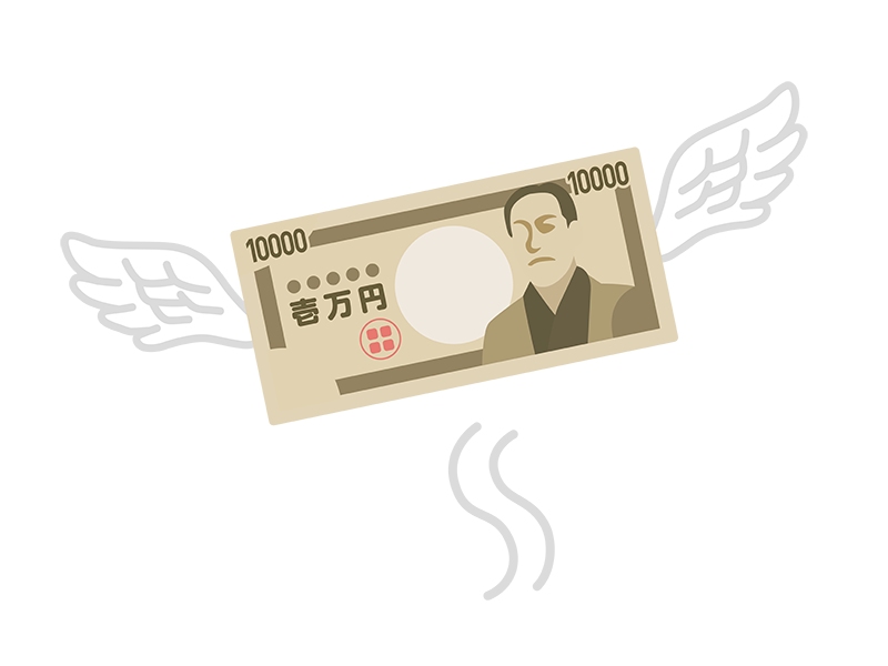 飛んでいく、羽の生えた一万円札の透過PNGイラスト