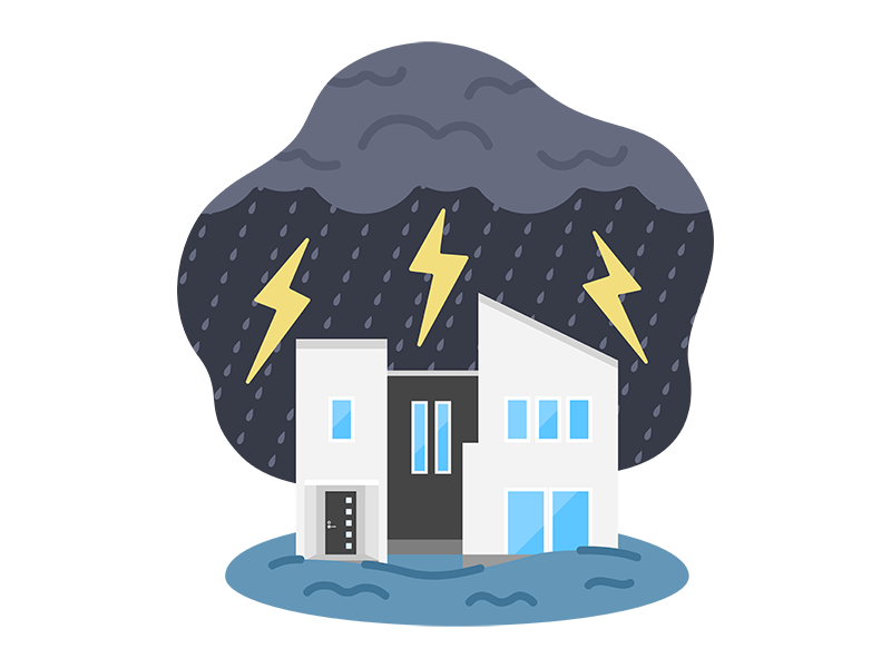 雷雨で浸水被害にあう、住宅の透過PNGイラスト