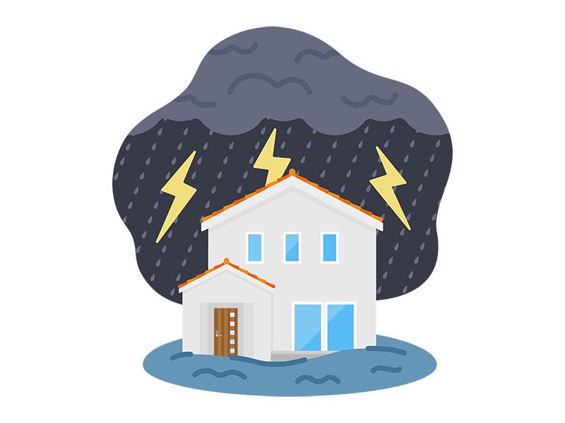 雷雨で浸水被害にあう、住宅の透過PNGイラスト