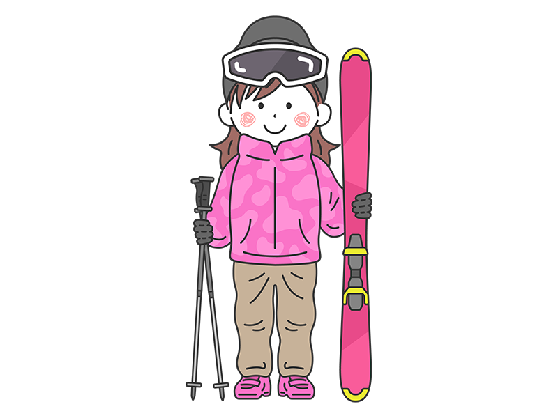 スキーウェアを着て、スキー板とストックを持った、女性の透過PNGイラスト