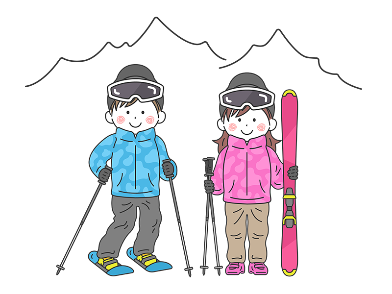 スキー場で、スキーをする男女の透過PNGイラスト