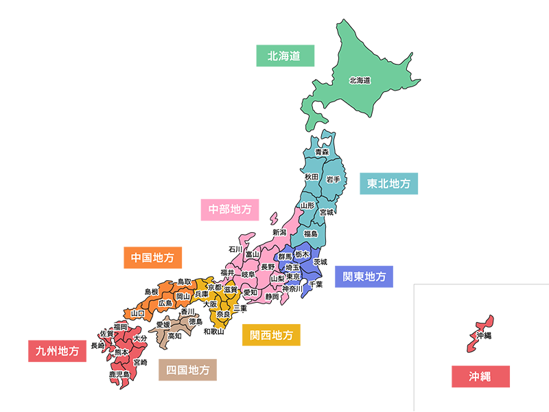 都道府県の表示された、日本地図の透過PNGイラスト