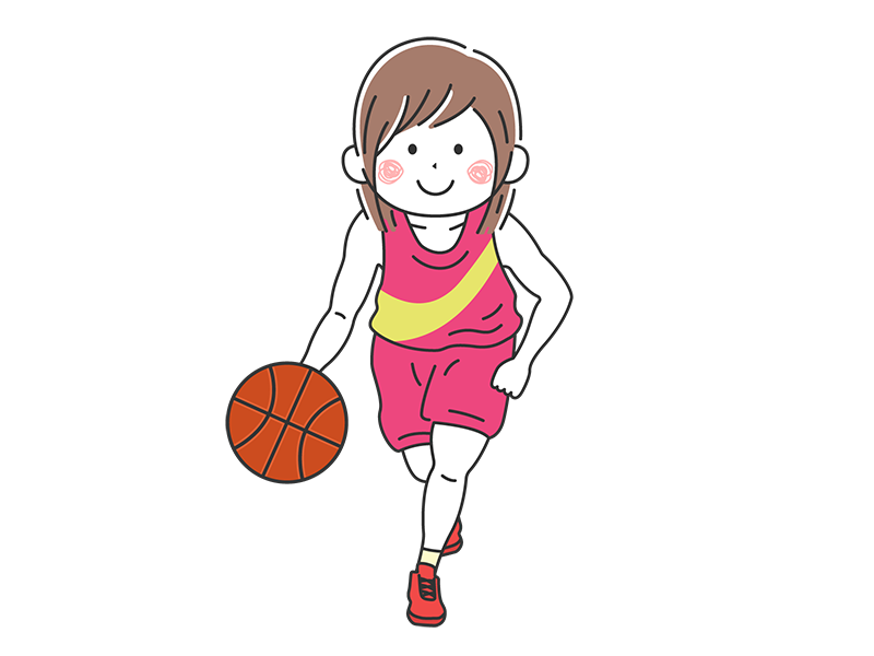 ドリブルをする、バスケットボール選手の女性の透過PNGイラスト