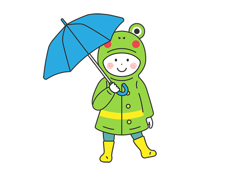 傘をさして、カエルのレインコートを着ている、男の子の透過PNGイラスト