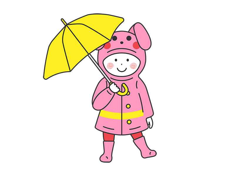 傘をさして、うさぎのレインコートを着ている、女の子の透過PNGイラスト
