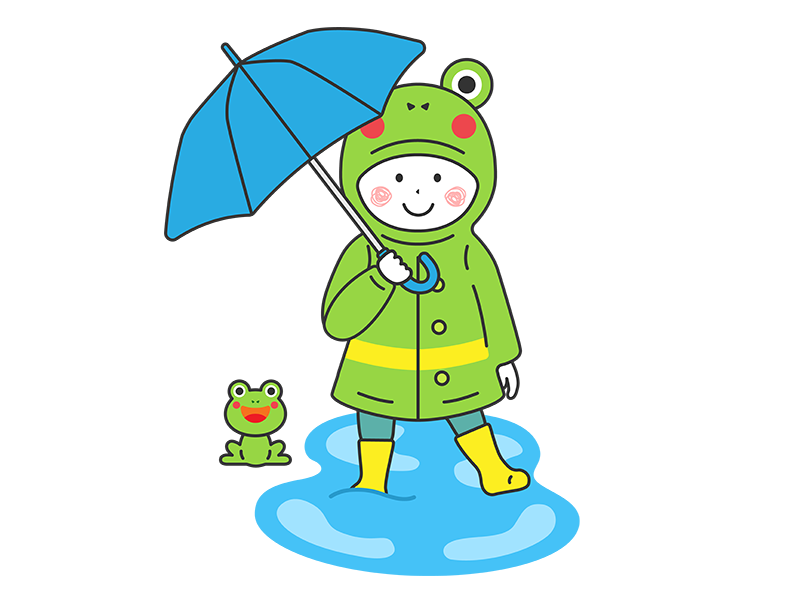 傘をさして、カエルのレインコートを着て、水溜りに入る男の子の透過PNGイラスト