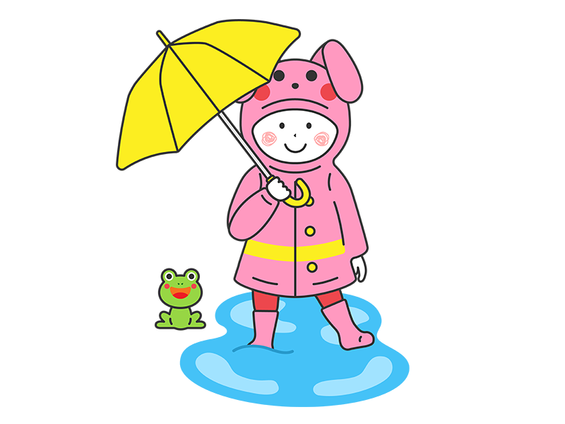傘をさして、うさぎのレインコートを着て、水溜りに入る女の子の透過PNGイラスト