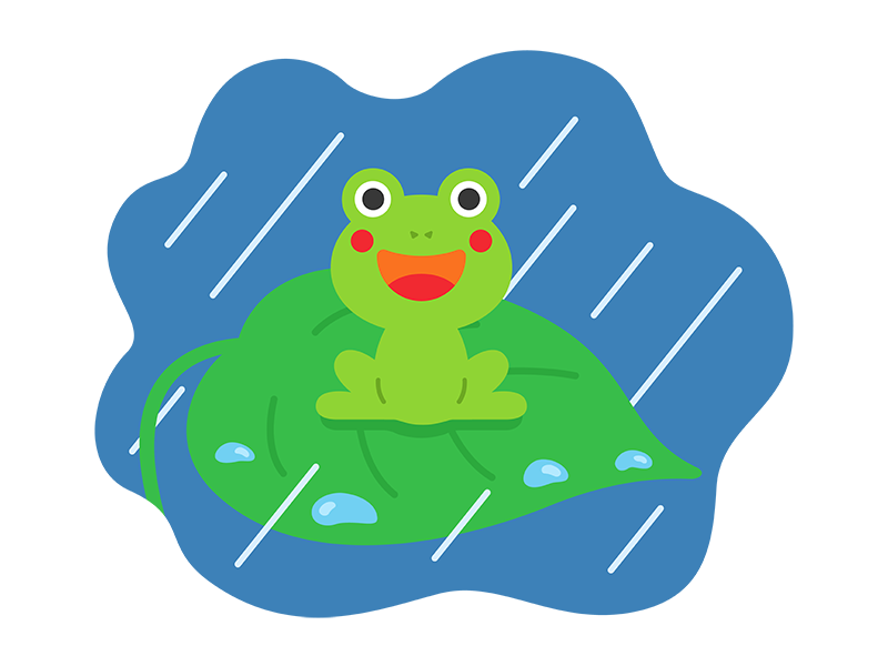 雨の日に、葉っぱの上にいる、カエルの透過PNGイラスト