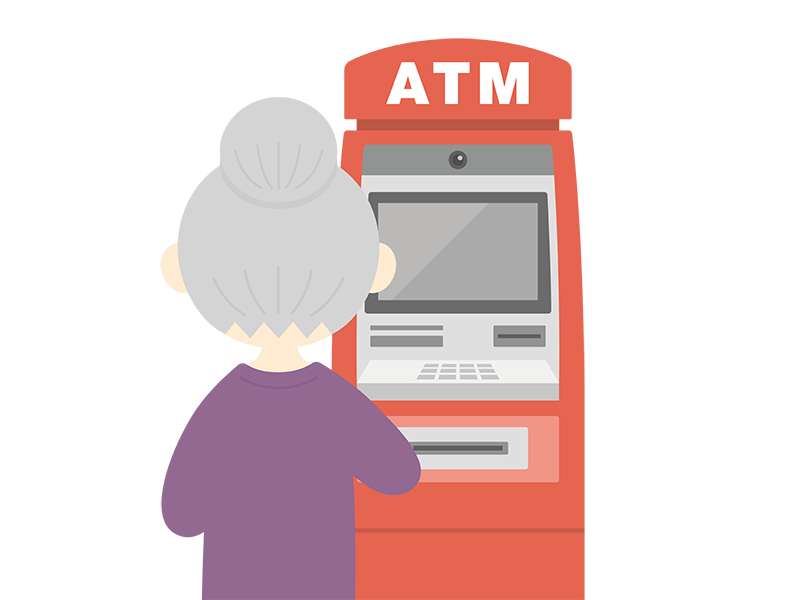 ATMを利用する、年配女性の後ろ姿の透過PNGイラスト