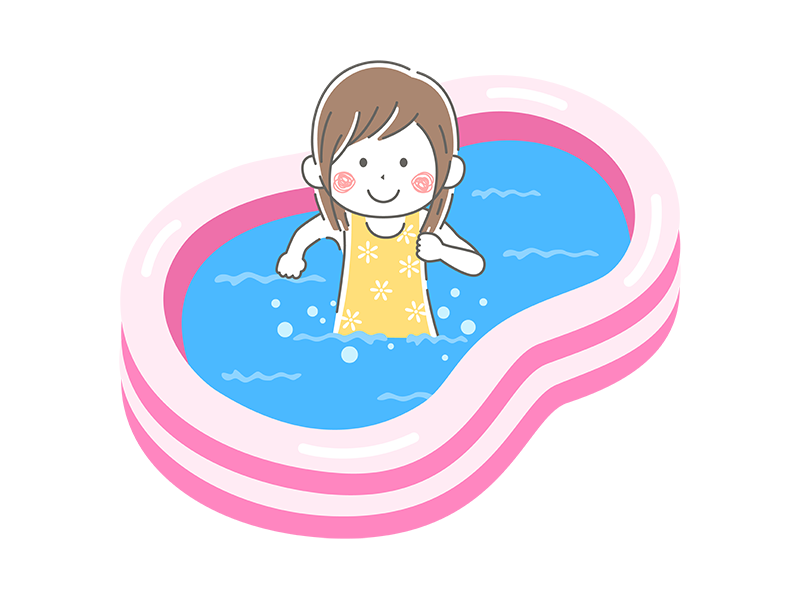家庭用のビニールプールで遊ぶ、水着の少女の透過PNGイラスト