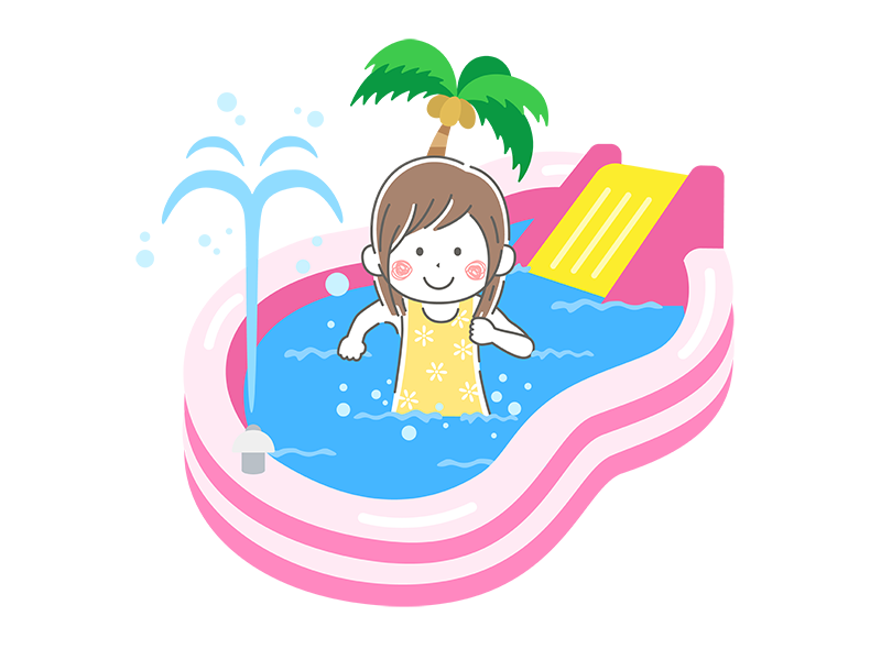 家庭用の、滑り台付きビニールプールで遊ぶ、水着の少女の透過PNGイラスト