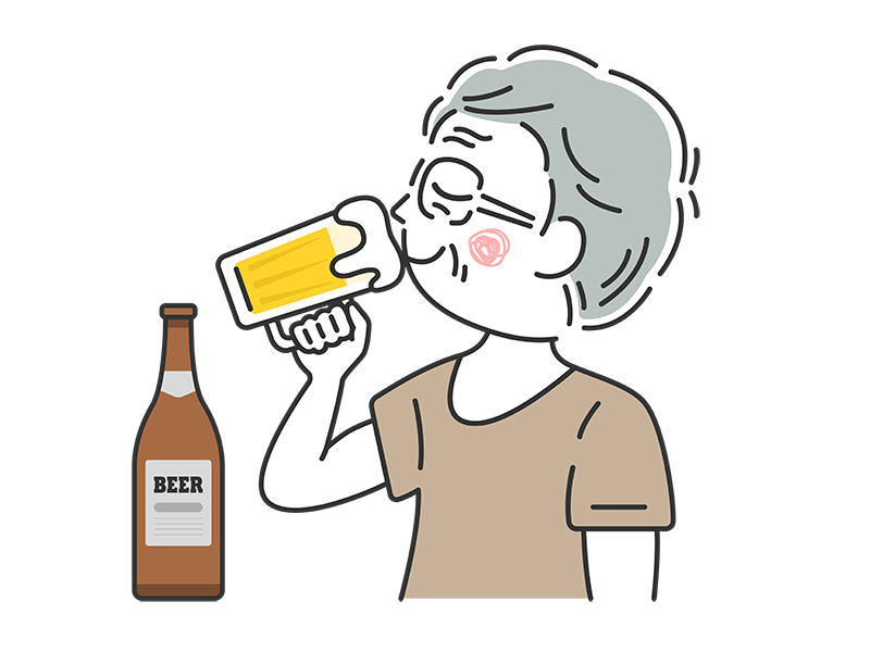 ビールジョッキで生ビールを飲む、年配男性の透過PNGイラスト