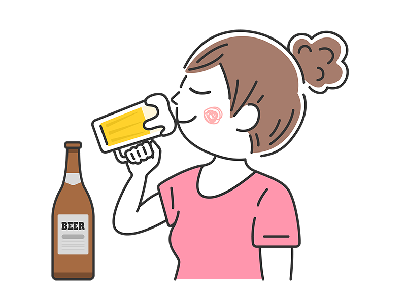 ビールジョッキで生ビールを飲む、女性の透過PNGイラスト