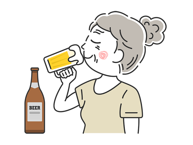 ビールジョッキで生ビールを飲む、年配女性の透過PNGイラスト