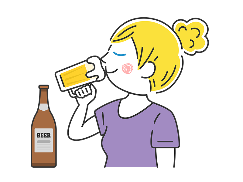 ビールジョッキで生ビールを飲む、白人女性の透過PNGイラスト