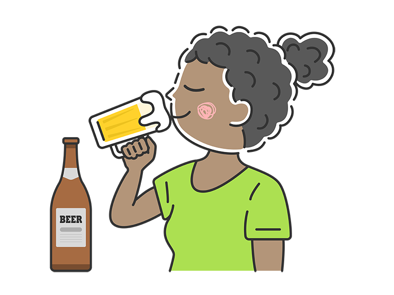 ビールジョッキで生ビールを飲む、黒人女性の透過PNGイラスト
