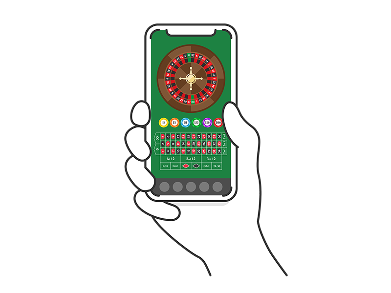 オンラインカジノのルーレットを、スマートフォンでプレーする人の透過PNGイラスト