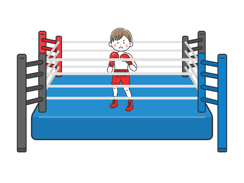 ボクシングリングで、ファイティングポーズをとる、赤パンツの男性ボクサーの透過PNGイラスト