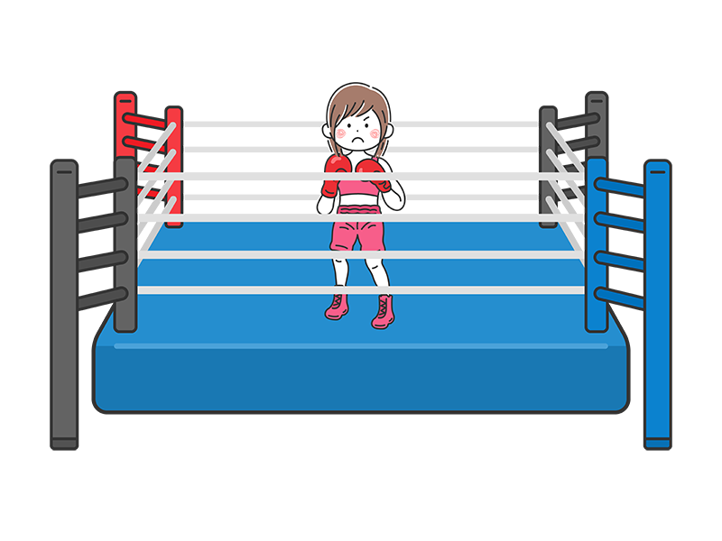 ボクシングリングの上で、ファイティングポーズをとる、女性ボクサーの透過PNGイラスト