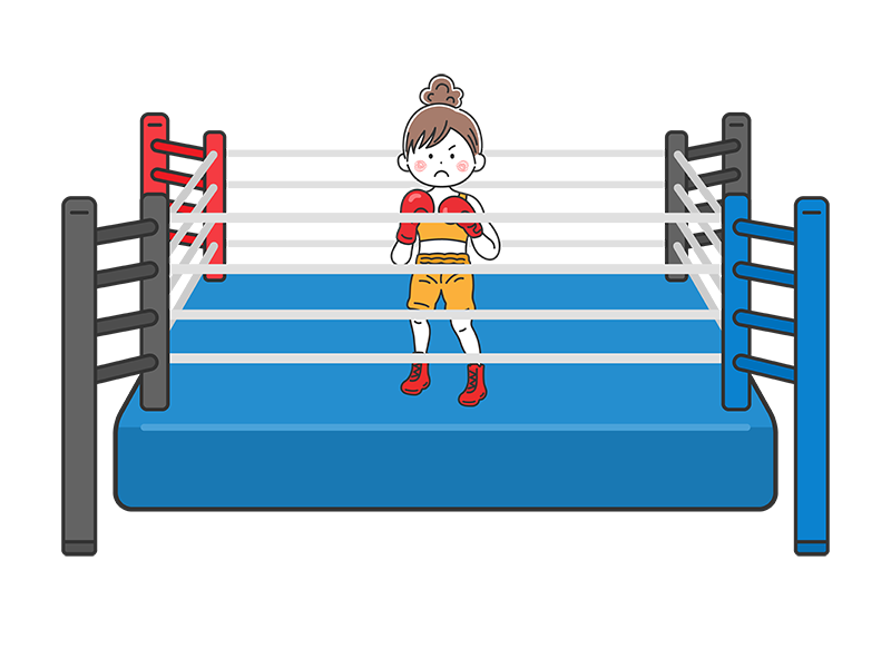 ボクシングリングの上で、ファイティングポーズをとる、髪を束ねた女性ボクサーの透過PNGイラスト