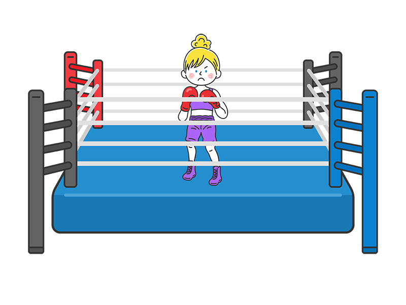ボクシングリングの上で、ファイティングポーズをとる、白人女性ボクサーの透過PNGイラスト