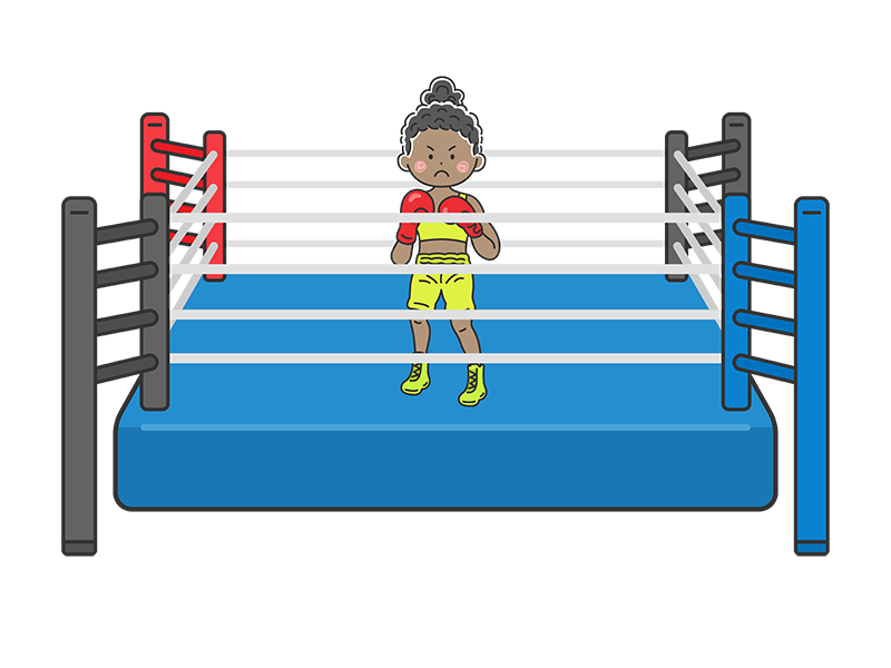 ボクシングリングの上で、ファイティングポーズをとる、黒人女性ボクサーの透過PNGイラスト