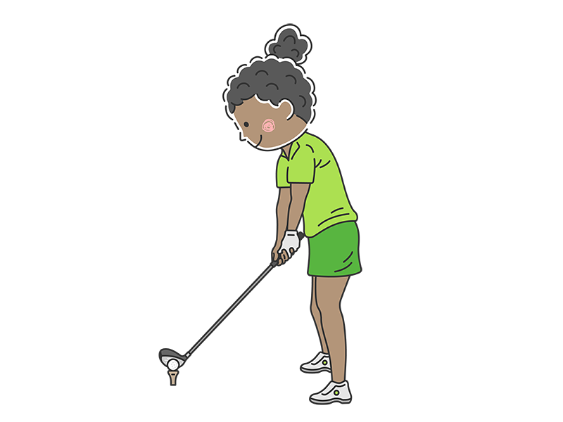 ゴルフのアドレスに入る、ドライバーを持った黒人女性の透過PNGイラスト