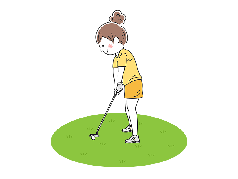 ゴルフのパッティングをする、髪を束ねた女性の透過PNGイラスト
