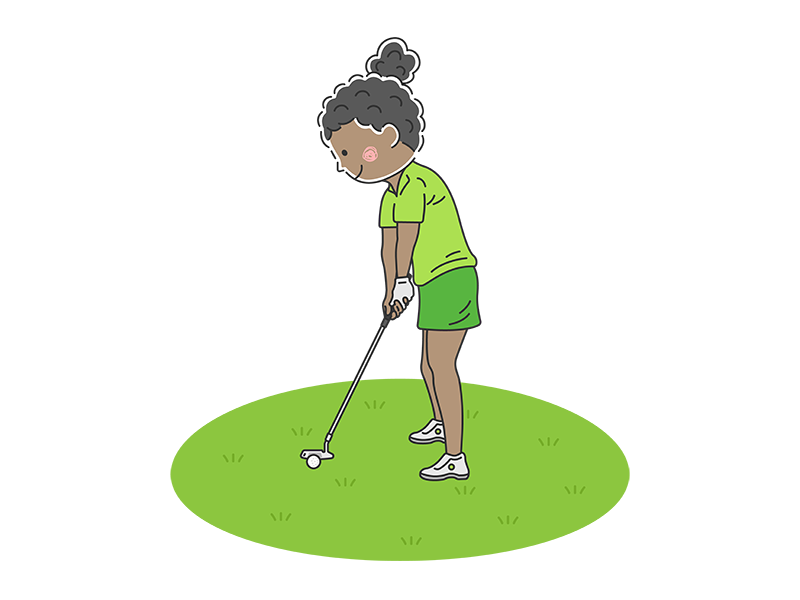 ゴルフのパッティングをする、黒人女性の透過PNGイラスト