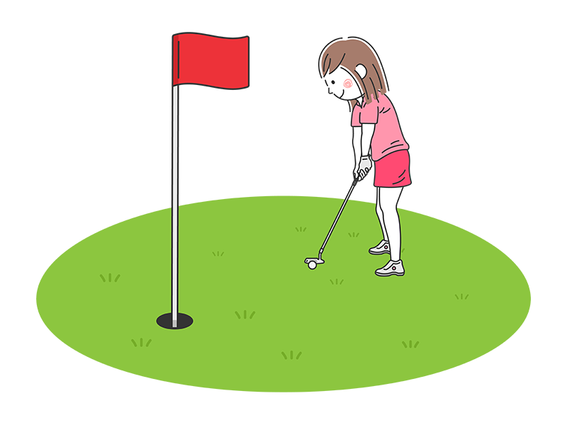 ゴルフのグリーンで、パッティングをする、女性の透過PNGイラスト