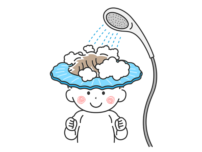 シャンプーハットをつけて、シャワーで髪を洗う、子どもの透過PNGイラスト