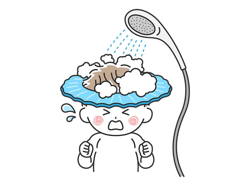 シャンプーハットをつけて、シャワーで髪を洗う、泣いている子どもの透過PNGイラスト