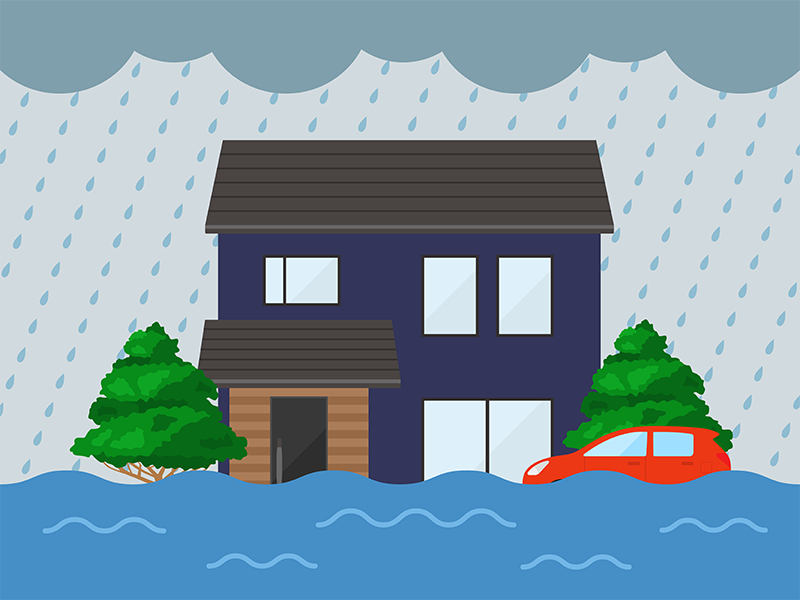 大雨で浸水被害にあう、戸建住宅の透過PNGイラスト