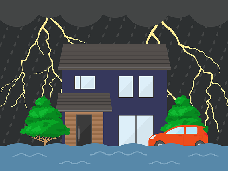 雷雨で浸水被害にあう、戸建住宅の透過PNGイラスト